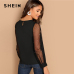 SHEIN Modern Lady Black Pearl Beaded Mesh Sleeve Round Neck Plain Top Women Streetwear Autumn Minimalist Elegant Blouse