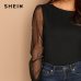 SHEIN Modern Lady Black Pearl Beaded Mesh Sleeve Round Neck Plain Top Women Streetwear Autumn Minimalist Elegant Blouse