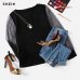 SHEIN Modern Lady Black Pearl Beaded Mesh Sleeve Round Neck Plain Top Women Streetwear Autumn Minimalist Elegant Blouse