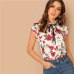 SHEIN Multicolor Tie Neck Ruffle Armhole Floral Top Elegant Stand Collar Cap Sleeve Pullover Women 2018 Autumn Minimalist Blouse