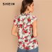 SHEIN Multicolor Tie Neck Ruffle Armhole Floral Top Elegant Stand Collar Cap Sleeve Pullover Women 2018 Autumn Minimalist Blouse