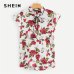 SHEIN Multicolor Tie Neck Ruffle Armhole Floral Top Elegant Stand Collar Cap Sleeve Pullover Women 2018 Autumn Minimalist Blouse