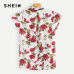 SHEIN Multicolor Tie Neck Ruffle Armhole Floral Top Elegant Stand Collar Cap Sleeve Pullover Women 2018 Autumn Minimalist Blouse