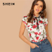 SHEIN Multicolor Tie Neck Ruffle Armhole Floral Top Elegant Stand Collar Cap Sleeve Pullover Women 2018 Autumn Minimalist Blouse