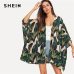 SHEIN Multicolor Tropical Jungle Leaf Print Batwing Sleeve Kimono 2019 Women Summer Sleeve Vacation Longline Beach Blouses