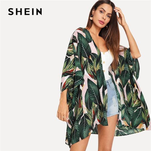 SHEIN Multicolor Tropical Jungle Leaf Print Batwing Sleeve Kimono 2019 Women Summer Sleeve Vacation Longline Beach Blouses