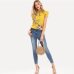 SHEIN Mustard Elegant Office Lady Flounce Shoulder Tied Neck Floral Solid Ruffle Blouse Summer Women Chiffon Tops and Blouses