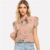 SHEIN Mustard Elegant Office Lady Flounce Shoulder Tied Neck Floral Solid Ruffle Blouse Summer Women Chiffon Tops and Blouses