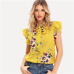 SHEIN Mustard Elegant Office Lady Flounce Shoulder Tied Neck Floral Solid Ruffle Blouse Summer Women Chiffon Tops and Blouses