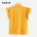 SHEIN Mustard Elegant Office Lady Flounce Shoulder Tied Neck Floral Solid Ruffle Blouse Summer Women Chiffon Tops and Blouses