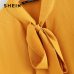 SHEIN Mustard Elegant Office Lady Flounce Shoulder Tied Neck Floral Solid Ruffle Blouse Summer Women Chiffon Tops and Blouses