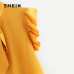 SHEIN Mustard Elegant Office Lady Flounce Shoulder Tied Neck Floral Solid Ruffle Blouse Summer Women Chiffon Tops and Blouses