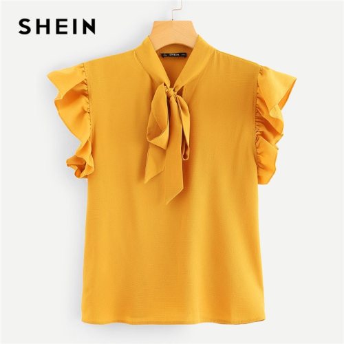 SHEIN Mustard Elegant Office Lady Flounce Shoulder Tied Neck Floral Solid Ruffle Blouse Summer Women Chiffon Tops and Blouses