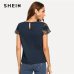 SHEIN Navy Cutout Lace Contrast Cap Sleeve Button Plain Top Modern Lady 2019 Summer Women Round Neck Minimalist Blouse