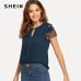 SHEIN Navy Cutout Lace Contrast Cap Sleeve Button Plain Top Modern Lady 2019 Summer Women Round Neck Minimalist Blouse