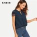 SHEIN Navy Cutout Lace Contrast Cap Sleeve Button Plain Top Modern Lady 2019 Summer Women Round Neck Minimalist Blouse