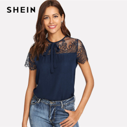 SHEIN Navy Tie Neck Lace Shoulder Contrast Mesh Button Top Blouse Spring Weekend Casual Round Neck Women Tops And Blouses