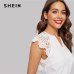 SHEIN Notched Neck Guipure Lace Cap Sleeve Blouse OL Summer V Neck Solid Raglan Sleeve Casual Womens Tops And Blouses