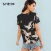 SHEIN Red-crowned Crane Print Top 2018 Summer Round Neck Short Sleeve Casual Top Women Black Floral Animal Print Blouse