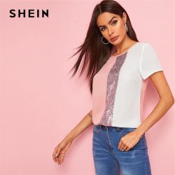 SHEIN Sequins Contrast Panel Spliced Cut-And-Sew Top Womens Tops and Blouses 2019 Casual Colorblock Short Sleeve Summer Blouses