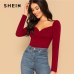 SHEIN Sexy Zip Back Puff Sleeve Slim Fitted Wrap Sweetheart Neck Blouse Women Solid Top Spring Club High Street Blouses