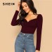 SHEIN Sexy Zip Back Puff Sleeve Slim Fitted Wrap Sweetheart Neck Blouse Women Solid Top Spring Club High Street Blouses