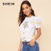 SHEIN White Keyhole Back Pleated Floral Short Puff Sleeve Summer Blouse Women 2019 Round Neck Workwear Casual Top Blouses