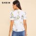 SHEIN White Keyhole Back Pleated Floral Short Puff Sleeve Summer Blouse Women 2019 Round Neck Workwear Casual Top Blouses