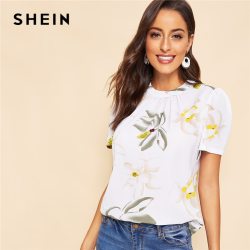 SHEIN White Keyhole Back Pleated Floral Short Puff Sleeve Summer Blouse Women 2019 Round Neck Workwear Casual Top Blouses