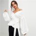 SHEIN White Office Lady Elegant Lantern Sleeve Surplice Peplum Off the Shoulder Solid Blouse Autumn Sexy Women Tops And Blouses