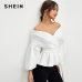 SHEIN White Office Lady Elegant Lantern Sleeve Surplice Peplum Off the Shoulder Solid Blouse Autumn Sexy Women Tops And Blouses