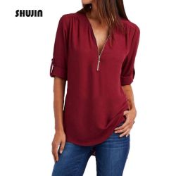 SHUJIN Women Chiffon Blouse 2018 Summer Elegant V Neck Zipper Blouse Shirts Loose Casual Tops Blusas Camisas Mujer Plus Size