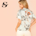 Sheinside Elegant Floral Print Blouse Women 2019 Summer Flounce Sleeve Satin Blouses Casual Stand Collar Keyhole Back Button Top