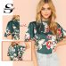 Sheinside Elegant Floral Print Blouse Women 2019 Summer Flounce Sleeve Satin Blouses Casual Stand Collar Keyhole Back Button Top