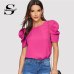 Sheinside Elegant Keyhole Back Puff Sleeve Blouse Solid Top Summer Blouses for Women 2019 Short Sleeve Female Tops