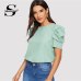 Sheinside Elegant Keyhole Back Puff Sleeve Blouse Solid Top Summer Blouses for Women 2019 Short Sleeve Female Tops