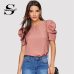 Sheinside Elegant Keyhole Back Puff Sleeve Blouse Solid Top Summer Blouses for Women 2019 Short Sleeve Female Tops