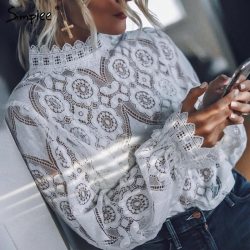 Simplee Elegant white lace blouse shirt Sexy hollow out embroidery feminine blouse Women long lantern sleeve summer tops female