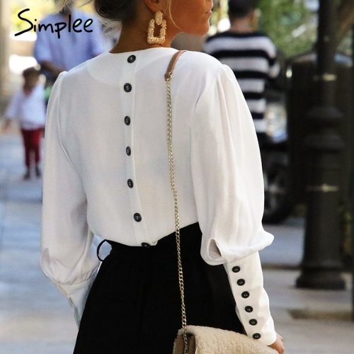 Simplee V neck women blouse shirt Puff sleeve button white blouse Autumn winter lady shirt top Female office chiffon blouse tops