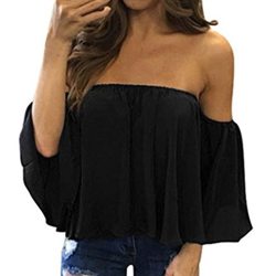 Stylish Women Off Shoulder Casual Blouse Shirt Tops Strapless Pure Color Bell Puff Sleeve Tops