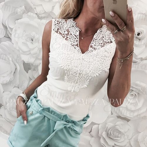 Summer Women Tops Sleeveless Lace Hollow Slim Blouses Shirt Lady V-neck Vest Tee Clothes