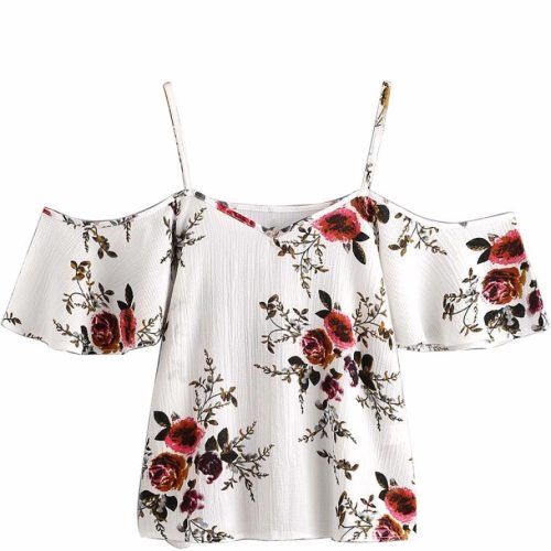 Summer Women V-Neck Chiffon Blouses Fashion Boho Floral Printed Shirts Ladies Casual Short Sleeve Off Shoulder Blouse Tops #YL