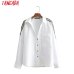 Tangada women side striped blouses office lady long sleeve turn down collar shirts white female tops blusas BE335