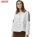 Tangada women side striped blouses office lady long sleeve turn down collar shirts white female tops blusas BE335