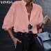 VONDA New Women Blouses 2019 Summer Office Lady White Shirts Lantern Sleeve Buttons Deep V Neck White Blouse Sexy Plus Size Tops