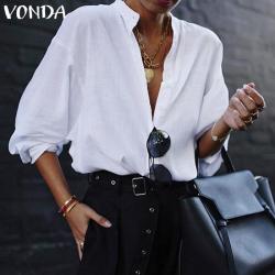 VONDA New Women Blouses 2019 Summer Office Lady White Shirts Lantern Sleeve Buttons Deep V Neck White Blouse Sexy Plus Size Tops