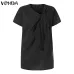 VONDA Women Blouses Shirts 2019 Summer Vintage O Neck Short Sleeve Shirt Casual Loose Solid Tops Plus Size Female Blusas