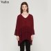 Vadim elegant V neck pleated long chiffon blouse long style long sleeve sweet shirts ladies casual chic tops blusas LA178