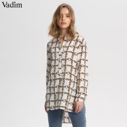 Vadim women elegant chain print long blouse long sleeve side split irregular shirts ladies streetwear loose tops blusas LA323