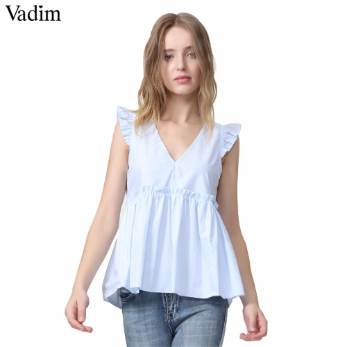 Vadim women elegant ruffled blouses V neck back bow tie sleeveless pleated shirt ladies casual sweet chic tops blusas WA014